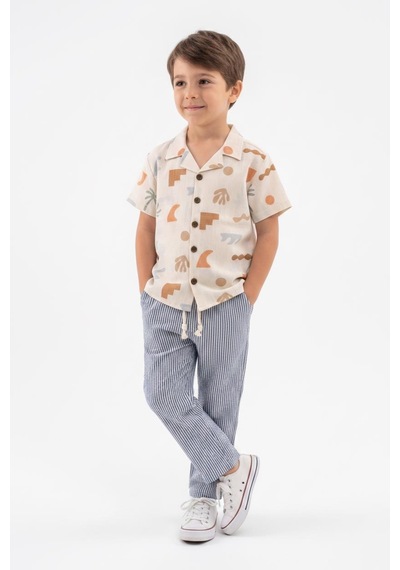 Miababy Baskılı Müslin Gömlek Pantolon 2li Takım İndigo