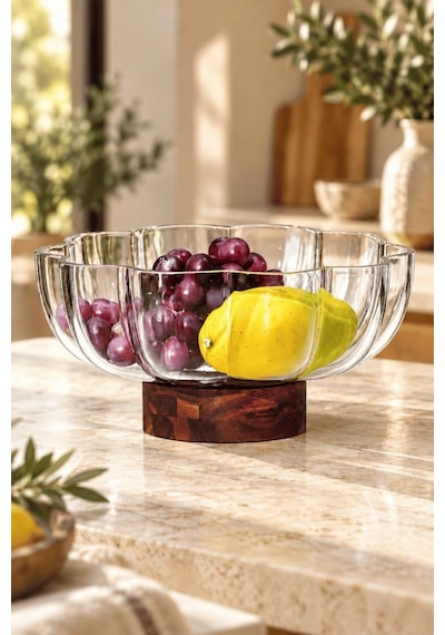Atbyhome Akasya Ayaklı Çiçek Cam Meyvelik 25x12 Cm - Papatya Dilimli Cam Salata Tatlı Sunum Kasesi Gondol Şeffaf