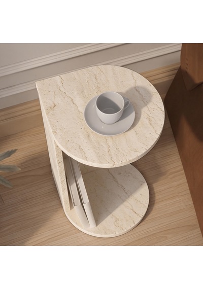 İnarch Dizayn Drop Modern Tasarım Yan Sehpa Kompakt Ve Ergonomik Yan Masa Traverten Krem
