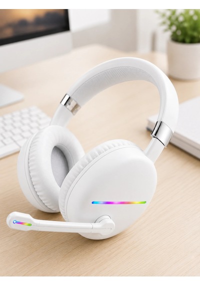 Beyaz Bluetooth 5.0 Mikrofonlu Kablosuz Kulak Üstü Kulaklık Rgb Işıklı Typec Şarjlı