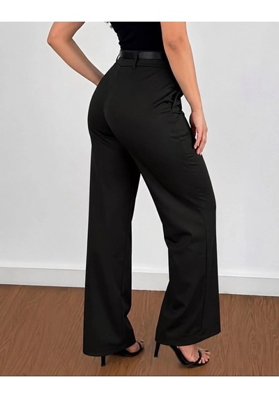 DefyModa Kadın Yüksek Bel Kemersiz Atlas Pantolon Siyah