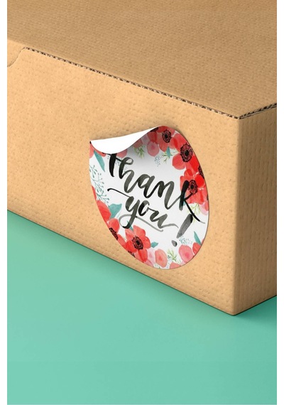 90 Adet Thank You Teşekkür Etiketi Kırmızı Çiçekli 3x3cm St2049 Çok Renkli