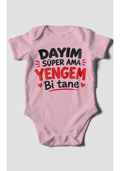 Morivokids Dayım Süper Ama Yengem Bi Tane Kısa Kollu Bebek Body %100 Pamuk Koyu Pembe