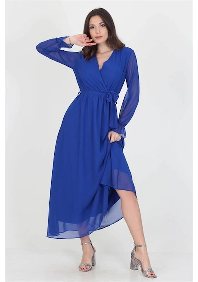 Neşeli Butik Kadın Yeni Sezon Astarlı Kruvaze Yaka Uzun Şifon Elbise Nb003 Saks