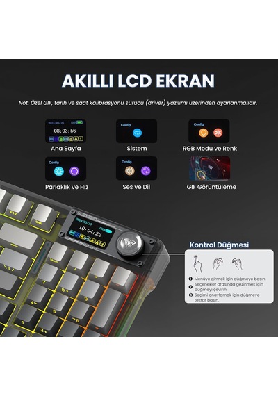 F98 Pro V3 Oled Ekranlı Crystal Switch Makrolu Kablosuz Rgb Hot-swap Gasket Pre-lubed Switch Mekanik Klavye Gradyan Gri