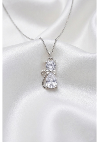 Çekirdekjewelry Kedi Tasarımlı 925 Ayar Gümüş Zirkon Taşlı Şık Kadın Kolyesi Gümüş