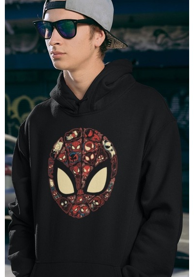 Sevbano Tasarım Spider-man Maske Baskılı Unisex Oversize Marvel Hoodie Siyah
