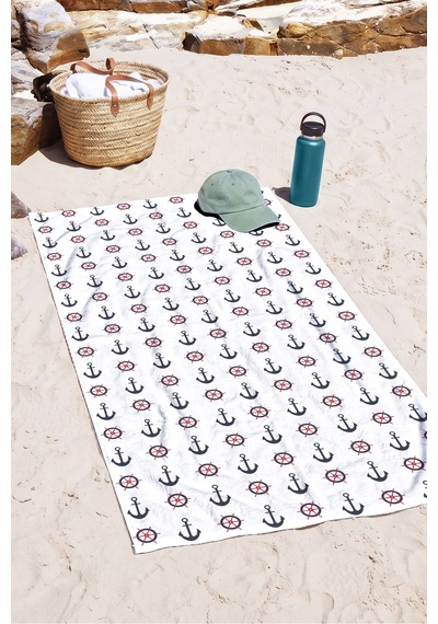 Çapa Dümen Marine Plaj Havlusu - Beyaz Lacivert Kırmızı Nautical Hızlı Kuruyan Mikrofiber Havlu Eski Bulut