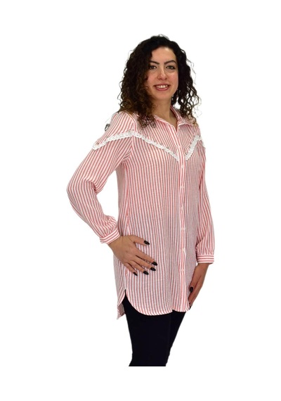Kadın Çizğili Keten Gömlek Bgl-st03706 Turuncu