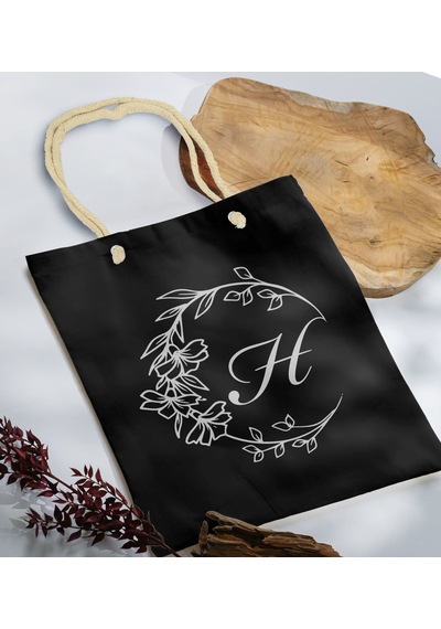 Bk Gift Kişiye Özel Harfli Siyah Halat Saplı Kumaş Bez Çanta-4, Baskılı Omuz Çantası, Alışveriş Çantası