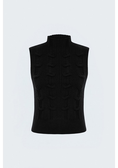 Sateen Örgülü Sıfır Kol Triko - Siyah-137959
