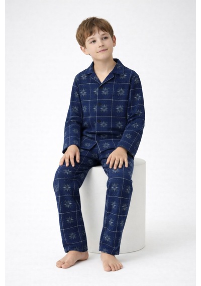 Free Beka Lacivert Ekose Desenli Uzun Kollu Gömlek Yaka Düğmeli Erkek Çocuk Pijama Takımı