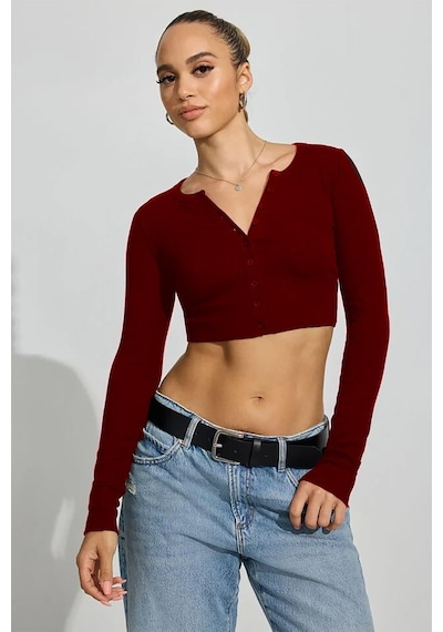 Madmext Bordo Uzun Kollu Düğmeli Kaşkorse Crop Hırka Mg2193 Bordo