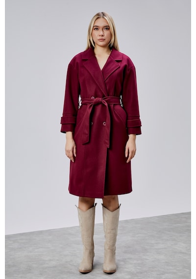 Bordo Kuşaklı Oversize Kaşe Kaban Bordo