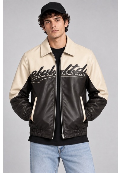 Maison Rae Erkek Siyah, İçi Kürklü, Çift Renkli, Yazı Detaylı,oversize Suni Deri Bomber Ceket