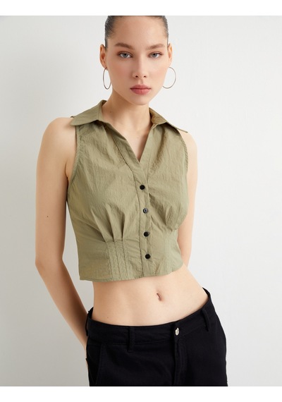 Koton Kolsuz Crop Gömlek Slim Fit Korse Detaylı Yeşil 4sal60033ıw Fıstık Yeşili
