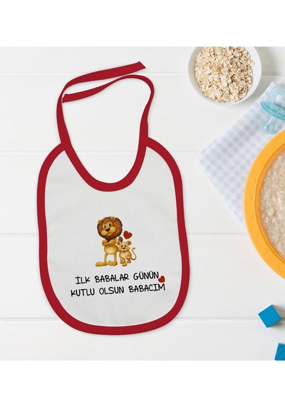 BK Kids İlk Babalar Günü Tasarımlı Kırmızı Bebek Mama Önlüğü-3 Kırmızı