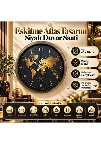 Eskitme Atlas Dünya Haritalı 40 X 40 Cm Siyah Metal Duvar Saati