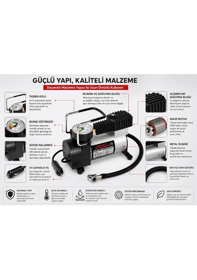 Tr 150 Psı 35 L/dk Oto Lastik Hava Kompresörü, 12v Taşınabilir Lastik Şişirme Pompası, Manometreli, Otomobil Moto