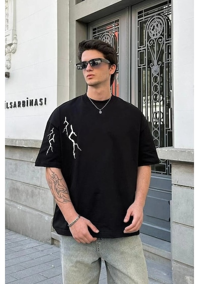Barlashive Erkek Kısa Kol Tişört Bisiklet Yaka Yıldırım Baskılı Oversize T-shirt - Siyah Çok Renkli
