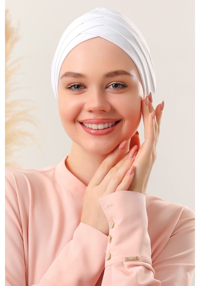 Melodi Scarf Kadın Üç Bantlı Çapraz Hazır Türban Dış Bone Beyaz Beyaz