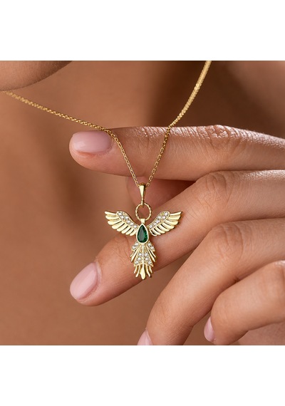 Gümüş Anka Kuşu Figürlü Gold Kadın Kolye Renkli