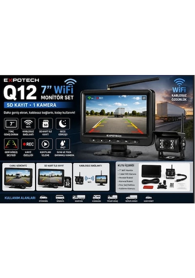 Expotech Q12 7" Wifi Araç Kamera Seti 1 Kameralı Sd Kayıtlı Geri Görüş Monitörü Gece Görüşü Ex-7001w