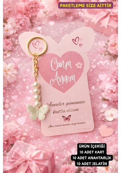 Butterfly Canım Annem Kartlı Kelebek Anahtarlık- Anneler Günü Hediyesi - 10 Adet - Özel Kesim Kartlı Çok Renkli