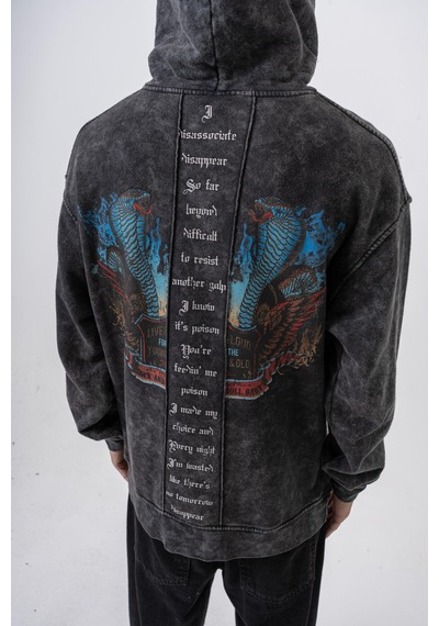 Respire Erkek Snake Baskılı Yıkamalı Kapüşonlu Oversize Hoodie Siyah