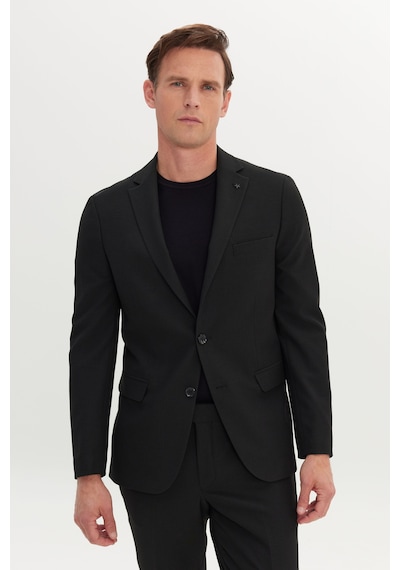 Ac&co Erkek Sıyah Slim Fit Dar Kesim Mono Yaka Gofre Desenli Takım Elbise Siyah