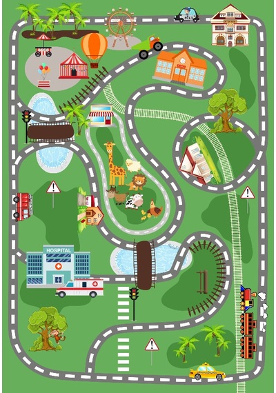 Dijital Baskılı Dekoratif Kaymaz Taban Yıkanabilir Trafik Parkı Temalı Modern Çocuk Halısı Yeşil