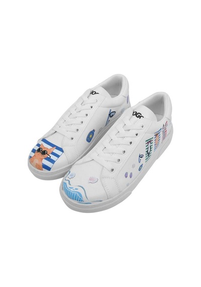 Kadın Vegan Deri Beyaz Sneakers - Cats On The Beach Tasarım Çok Renkli