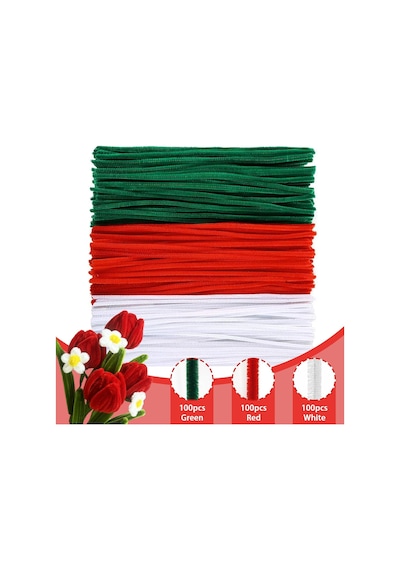 75 Adet Kırmızı, Beyaz, Koyu Yeşil Renkli Şönil , Çiçek Yapım Seti, Tüylü Tel, 30 Cm, Peluş Tel