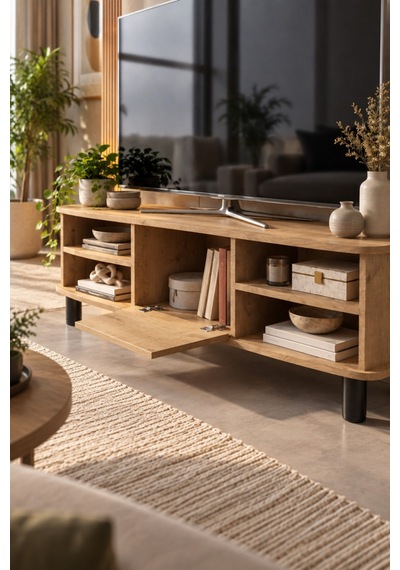 Sulorahome Bej Suntalam Tv Sehpası 136x44 Cm Açık Ceviz