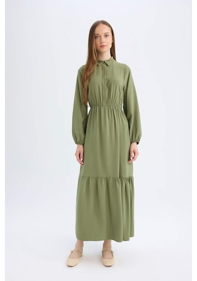 Defacto Gömlek Yaka Basic Düz Düğmeli Beli Büzgülü Uzun Kollu Maxi Elbise D5851AX24AUKH450 Haki