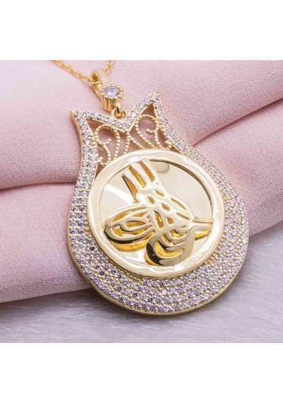 Tesbihsepetim 925 Ayar Gümüş Altın Kaplama Tuğralı Lale Kolye Model 1