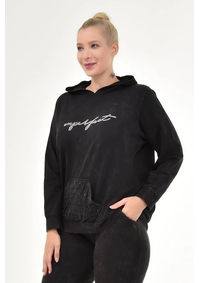 Mia Butik Kadın Büyük Beden İtalyan Yıkama Siyah Kapşonlu Sweatshirt Siyah