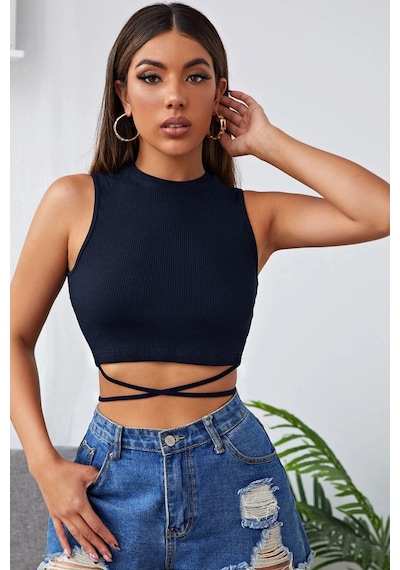 Moon Wear Kadın Lacivert Çapraz Bağlamalı Crop Top Büstiyer Lacivert