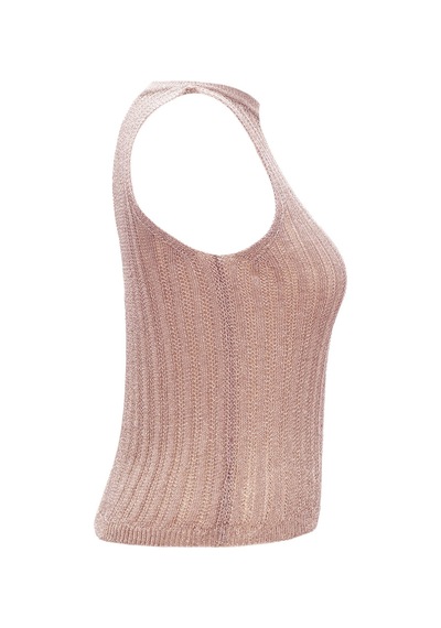 Qoolest Parlak Simli Transparan Kolsuz Triko Bluz Gece Ve Parti Şıklığı Rose Gold