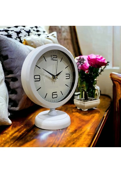 Beyaz Metal Ofis Salon Otel Masa Saati 25*20 cm Y2