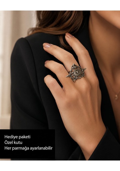 Vintage Güneş Ve Pusula Motifli Ayarlanabilir Gümüş Renk Otantik Tasarım Kadın Yüzüğü Gümüş - Gri