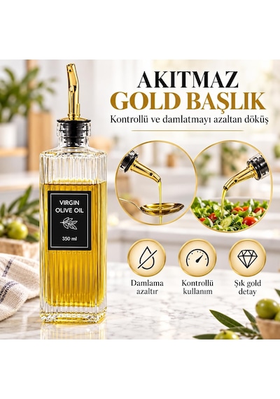 Cam Yağdanlık 350 Ml - Gold Tipal Akıtmaz Başlıklı Yağlık Sirkelik - Zeytinyağı Ayçiçek Yağı Sirke Ve Soslar İçin Çizgili Cam Şişe - Damlama Önleyici Mutfak Yağ Şişesi 7x7x22 Cm Diğer