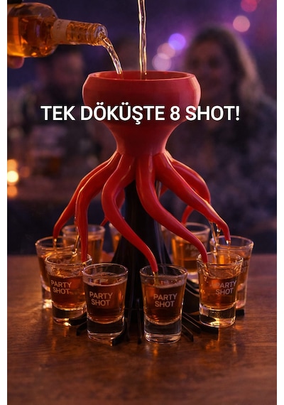 Taraftar Renkli Ahtapot Tasarımlı 8'li Pratik Bardak Ve Shot Dağıtıcı Kırmızı-siyah