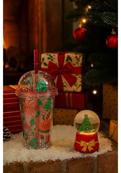 Trend Yeniyıl Yılbaşı 2'li Hediye Seti Noel Geyikli Pipetli Suluk Çam Ağacı Temalı Işıklı Kar Küresi Çok Renkli