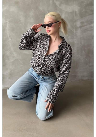 Madmext Siyah Leopar Desen Kadın Gömlek Mg2296 Siyah