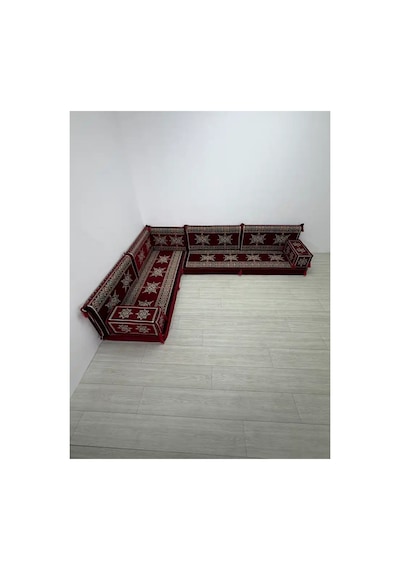 Yıldız Modeli Bordo Otantik Şark Köşesi Takımı L Set - Geleneksel Yer Minderi Seti 10 Cm Minder Kalınlığı 9 Parça