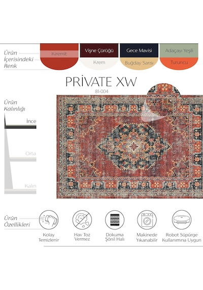 Cool Halı Private Xw Kiremit Rengi Eskitme Vintage Halı Modern Yıkanabilir Etnik Bohem Salon Halısı