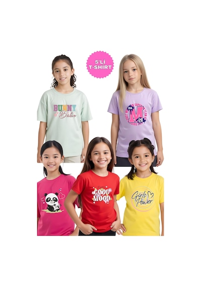 Panios Kids 5'li Good-panda-power-bunny-m Baskılı Kız Çocuk Tişört Çok Renkli