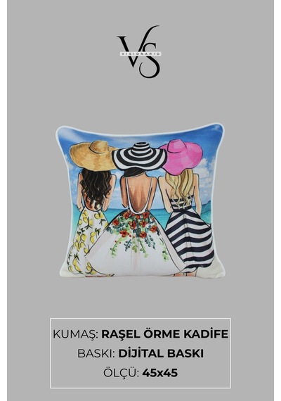 Kırlent Kılıfı Figürlü Desen 45x45 Raşel Örme Kadife Çift Taraflı Dijital Baskı Beyaz Biyeli Çok Renkli