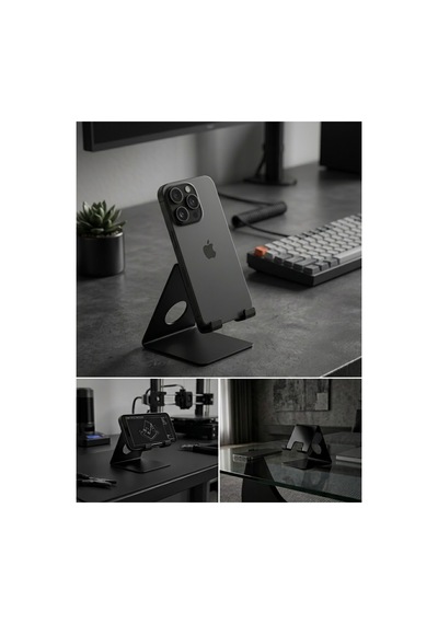 Modern Metal Masaüstü Telefon Tutucu Stand Kablo Kanallı Ergonomik Masa Üstü Tutacağı Mat Siyah